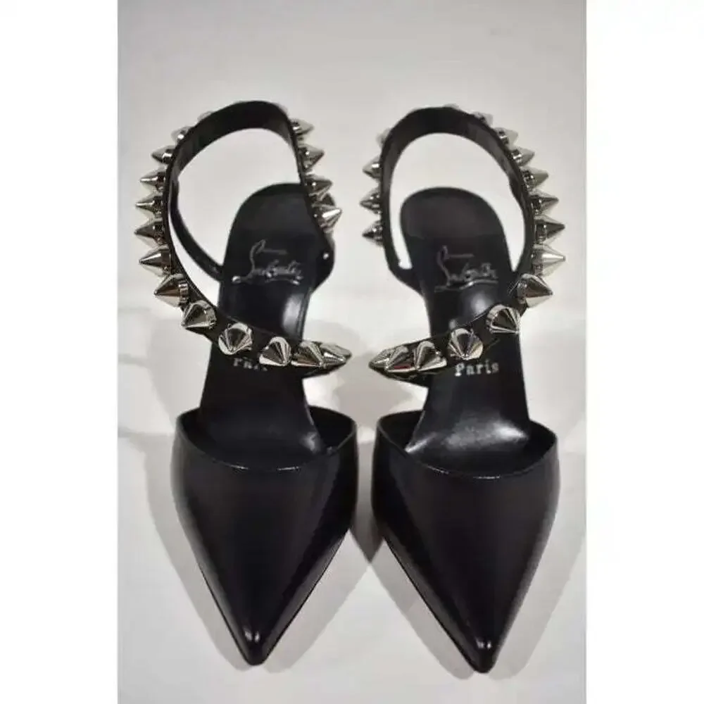 Christian Louboutin Spikita Pump 100 Black Silver Spike Strappy Sandal Heel 39 - Picture 5 of 12